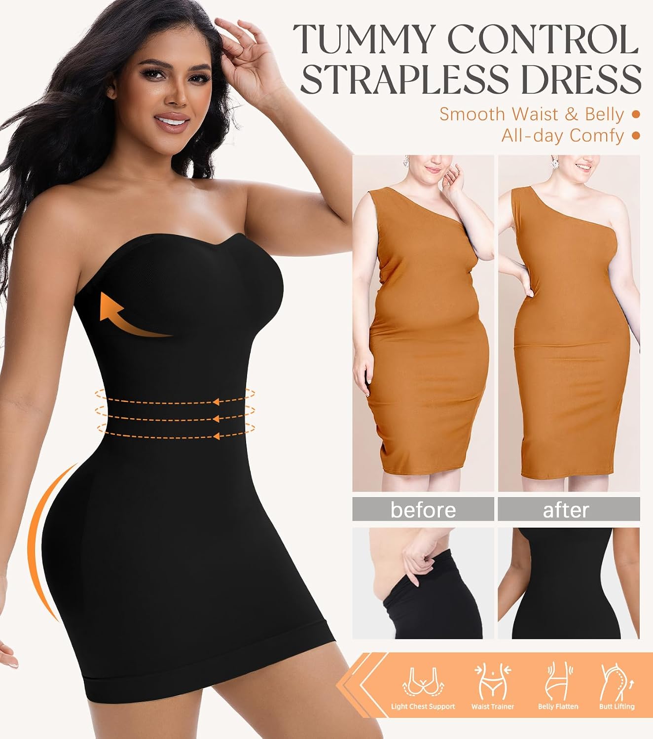 Strapless Shapewear Dress Slip with Built in Bra Tummy Control Full Slip