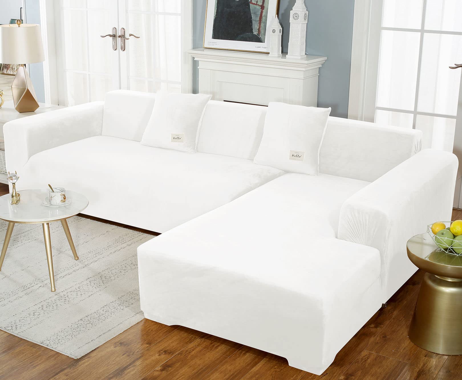 JHLD Sectional Couch Covers, Stretch Sofa Cover Velvet L-Shaped Sofa Cover Soft Non Slip Furniture Protector for Corner Sofa-White-3 Seater+3 Seater