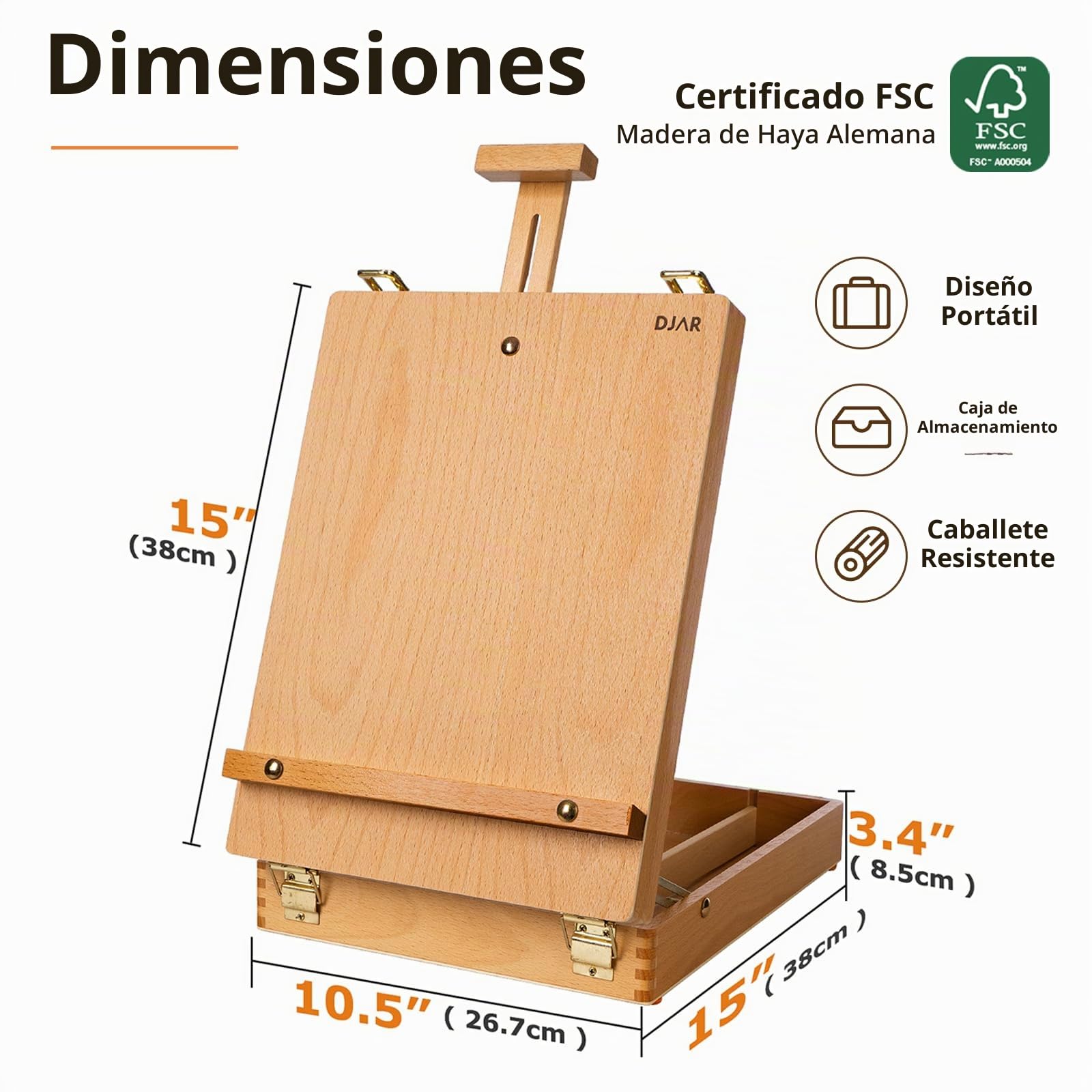 DJAR Caballete de Mesa de Madera de Haya Maciza, Caja de Bocetos de Escritorio Portátil con Almacenamiento, Ajustable para Lienzos de hasta 53 cm, para Artistas y Principiantes