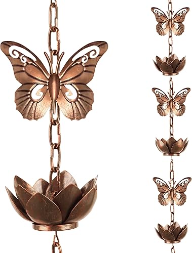 shumi Cadena de lluvia de 8.8 pies para canalones bajantes exteriores, Cadena de lluvia de mariposa con 12 copas de cadena de lluvia de loto de