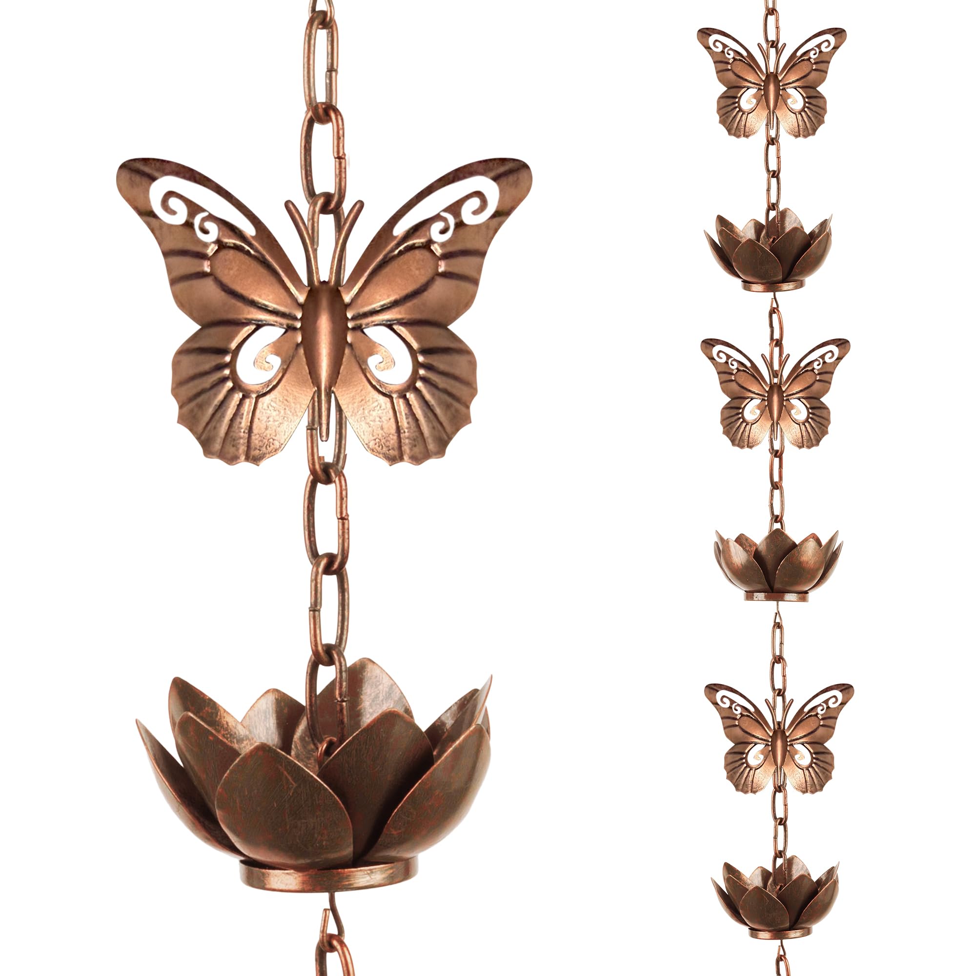 Fastruggle Rain Chain for Gutters Downspouts Outside,8.8ft Butterfly Rain Chain with 12 Copper Lotus Rain Chain Cups,Functional and Decorative Replacement