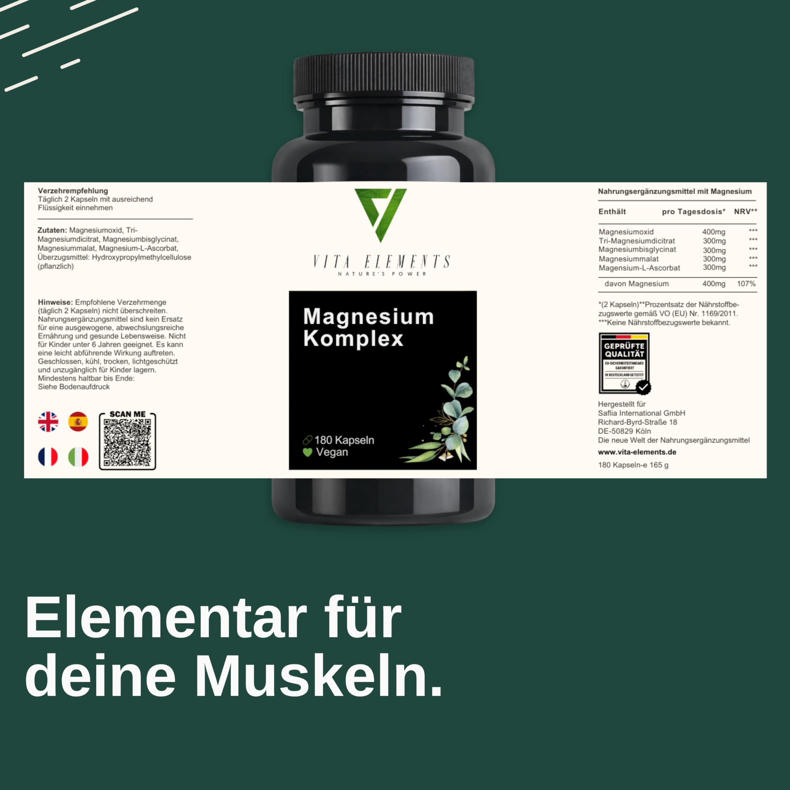 Vita Elements Magnesium Komplex - 400mg Magnesium - 5 Formen: Bisglycinat, Citrat, Malat, Ascorbat, Oxid - 180 Kapseln - 3 Monate Vorrat - Vegan, Hochdosiert