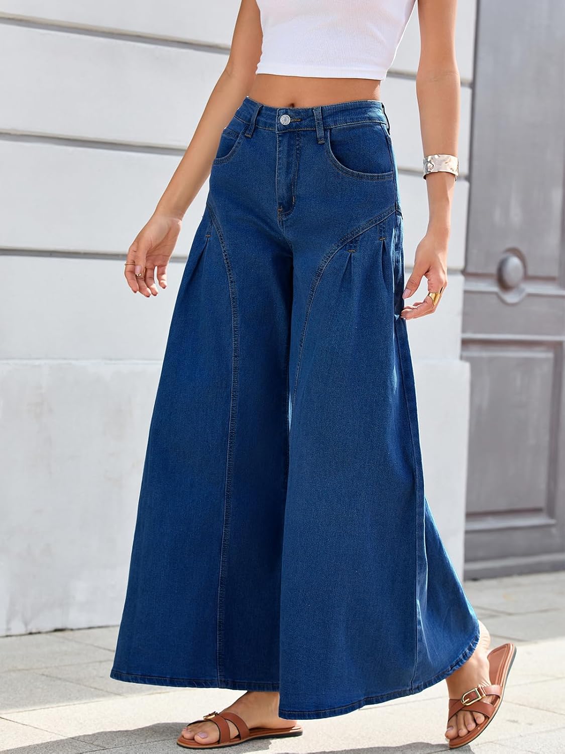 Women Bell Bottom Jeans High Waist Stretch Wide Leg Baggy Flared Pleated Vintage Casual Loose Denim Pants - Image 3