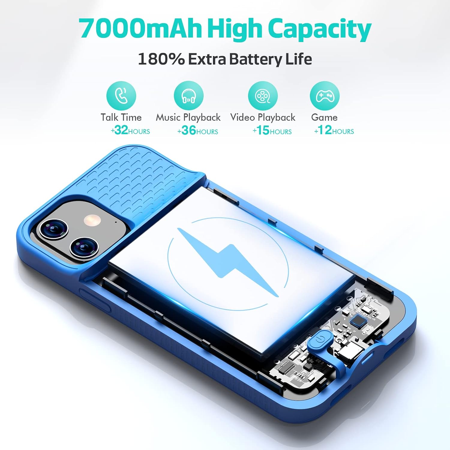 GBVHDR Battery Case for iPhone 12/12 Pro, Real 7000mAh Rechargeable Ultra-Slim Charging Case with 1x Screen Protector & 1x Cable for iPhone 12/12 Pro Extended Battery Pack(6.1 inch) Blue