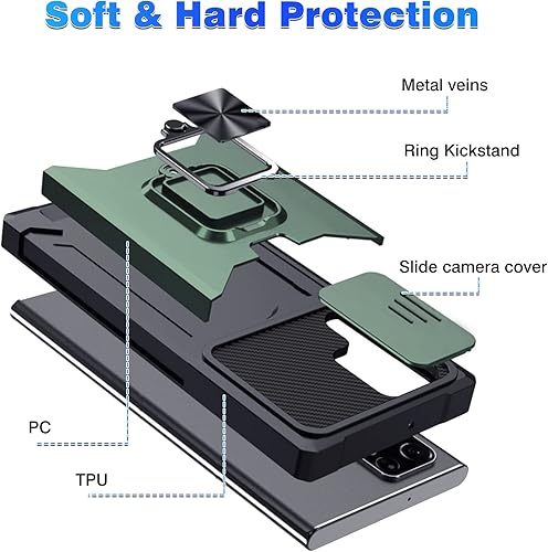Miniatura 8 de Qshare Funda para Samsung Galaxy S23 Ultra, anillo giratorio de 360, con cubierta de cámara deslizante, a prueba de golpes y caídas, para Samsung
