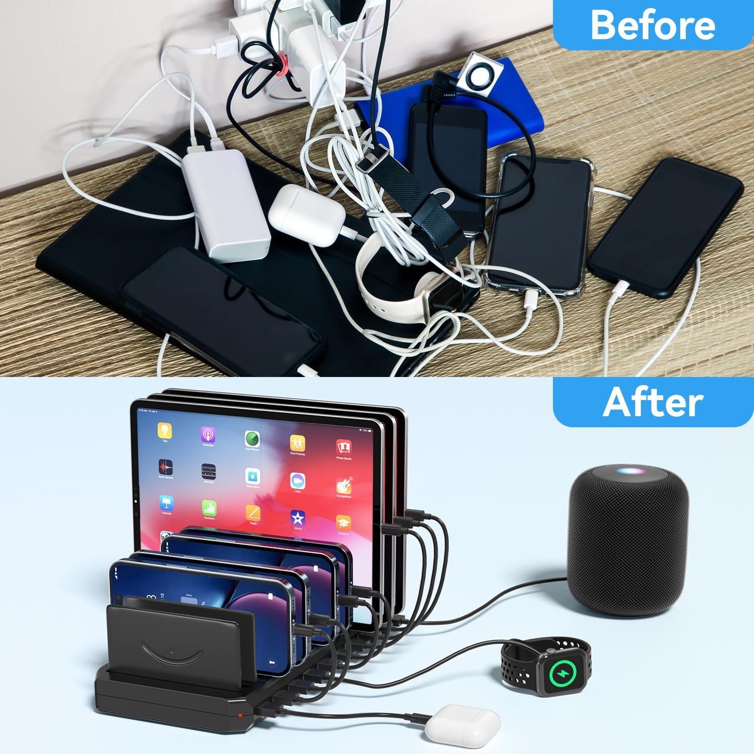 Charging Station for Multiple Devices, Multiple USB Charger Station with 10 Fast Charging Ports, Charging Station for iPhone Apple Watch Samsung Cellphone