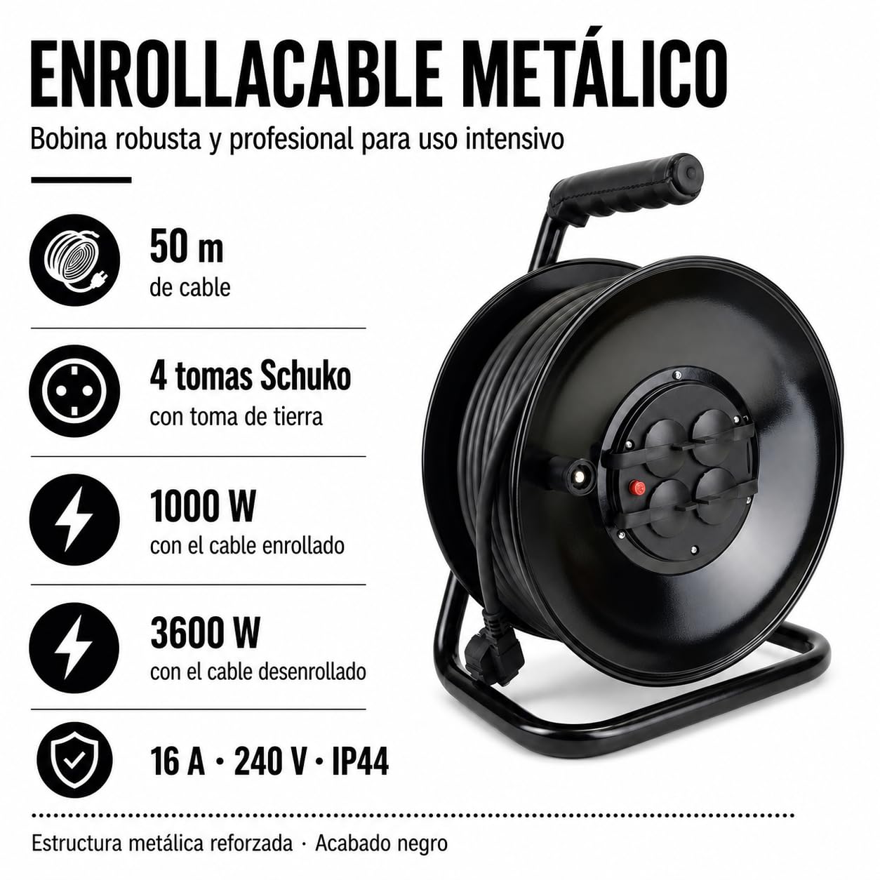 Enrollacables Metálico IP44 50m con Cable 3G2,5 mm², 4 Tomas Schuko con Tierra, Tambor Profesional para Taller, Garaje, Almacén y Exterior, hasta 3600W Desenrollado