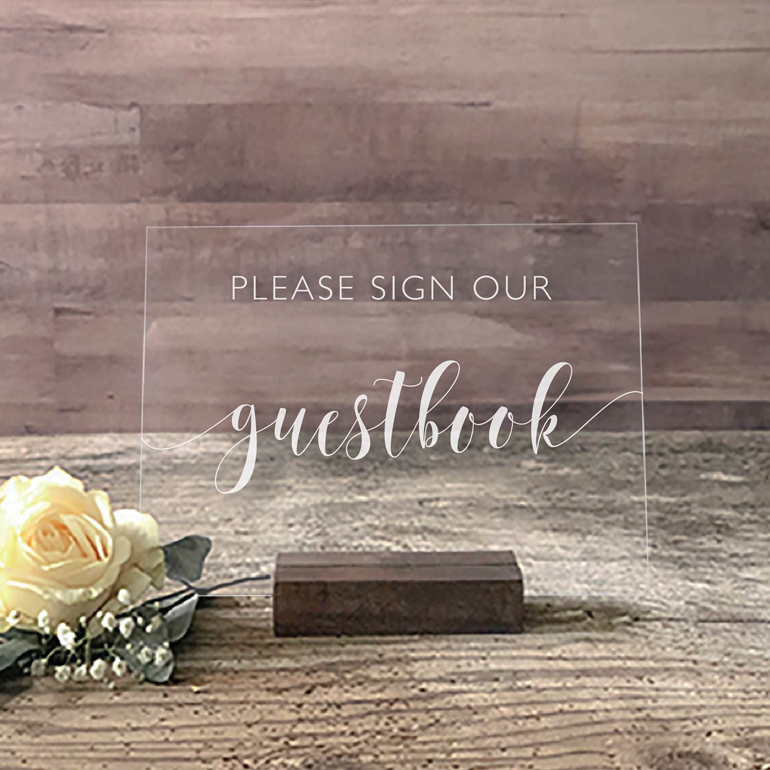Sweet Carolina Collective Modern Acrylic Wedding Guestbook Sign - Please Sign Our Guestbook - with Acrylic or Wood Stand: 5" x 7" or 8" x 10" - Perfect for Wedding Table Decor & Reception Decor