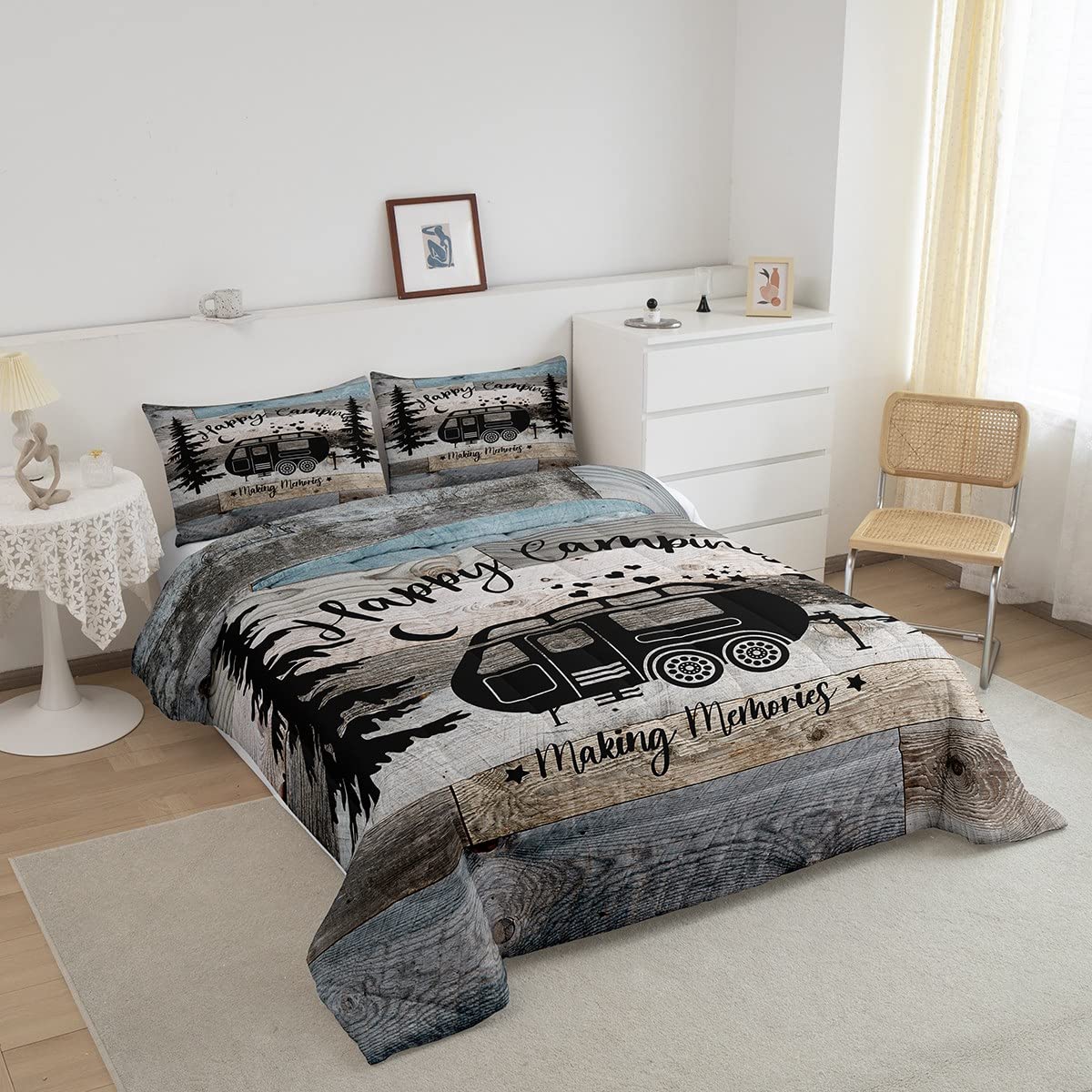 RV Camper Handmade Duvet Cover, Vintage Wood Farmhouse Comforter Cover, Black White Grid Bedding