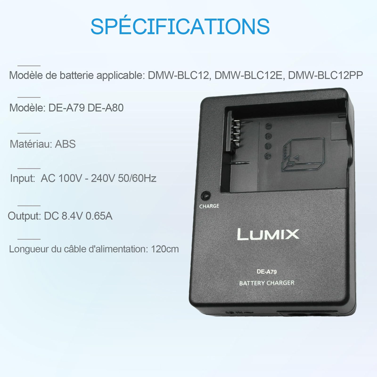 DE-A79 DE-A80 DMW-BLC12 Chargeur de Batterie Compatible avec Panasonic Lumix DC-FZ1000 II, DC-G95, DMC-GX8, DMC-FZ200, DMC-FZ300, DMC-FZ1000, DMC-FZ2500, DMC-G7 HS Appareil Photo & 120cm AC Cord