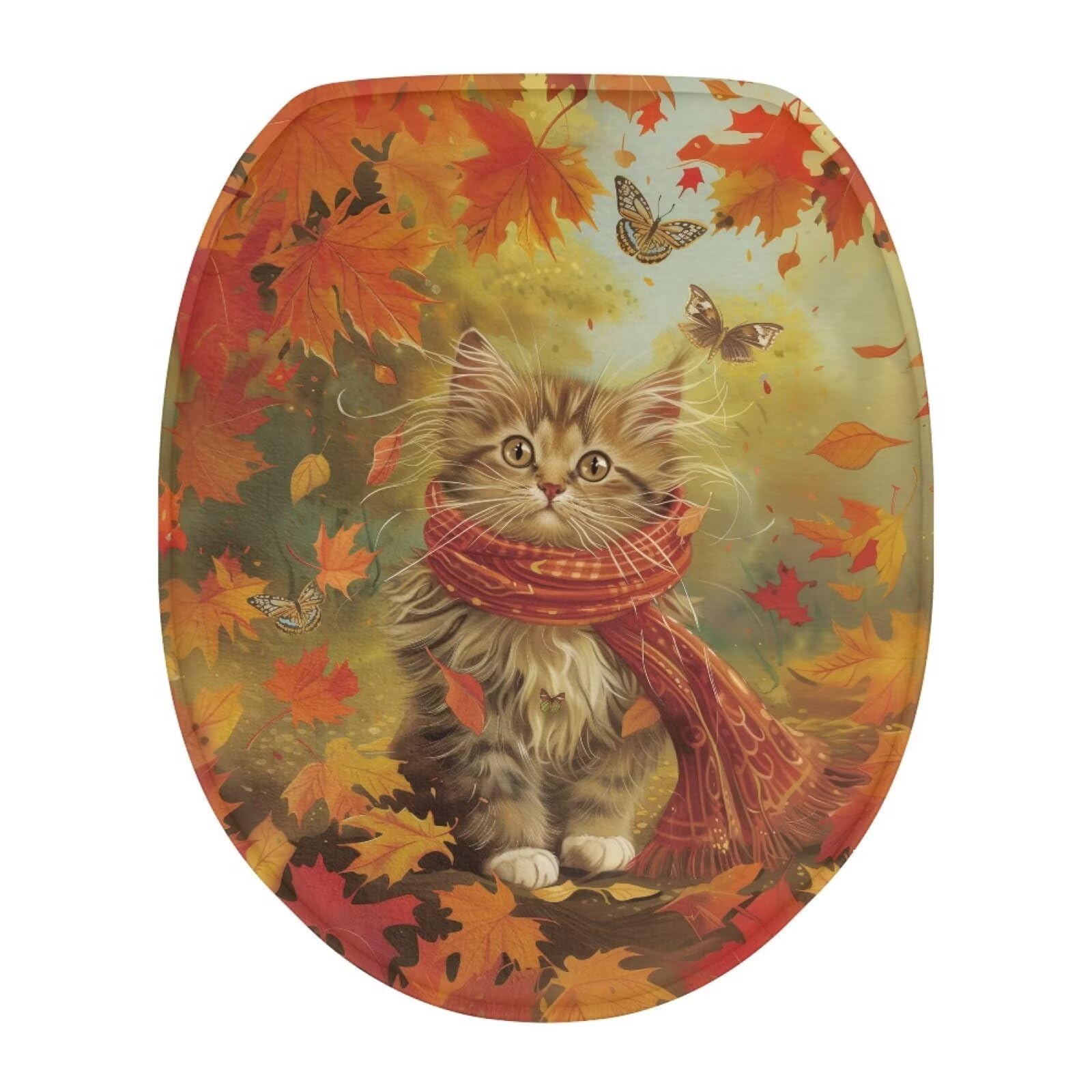 COEQINE Fall Decorations Toilet Lid Cover With Elastic Bottom Holder for Most Stardand Cute Cat Leaf Toilet Seat Covers Fabric Festival Home Decor