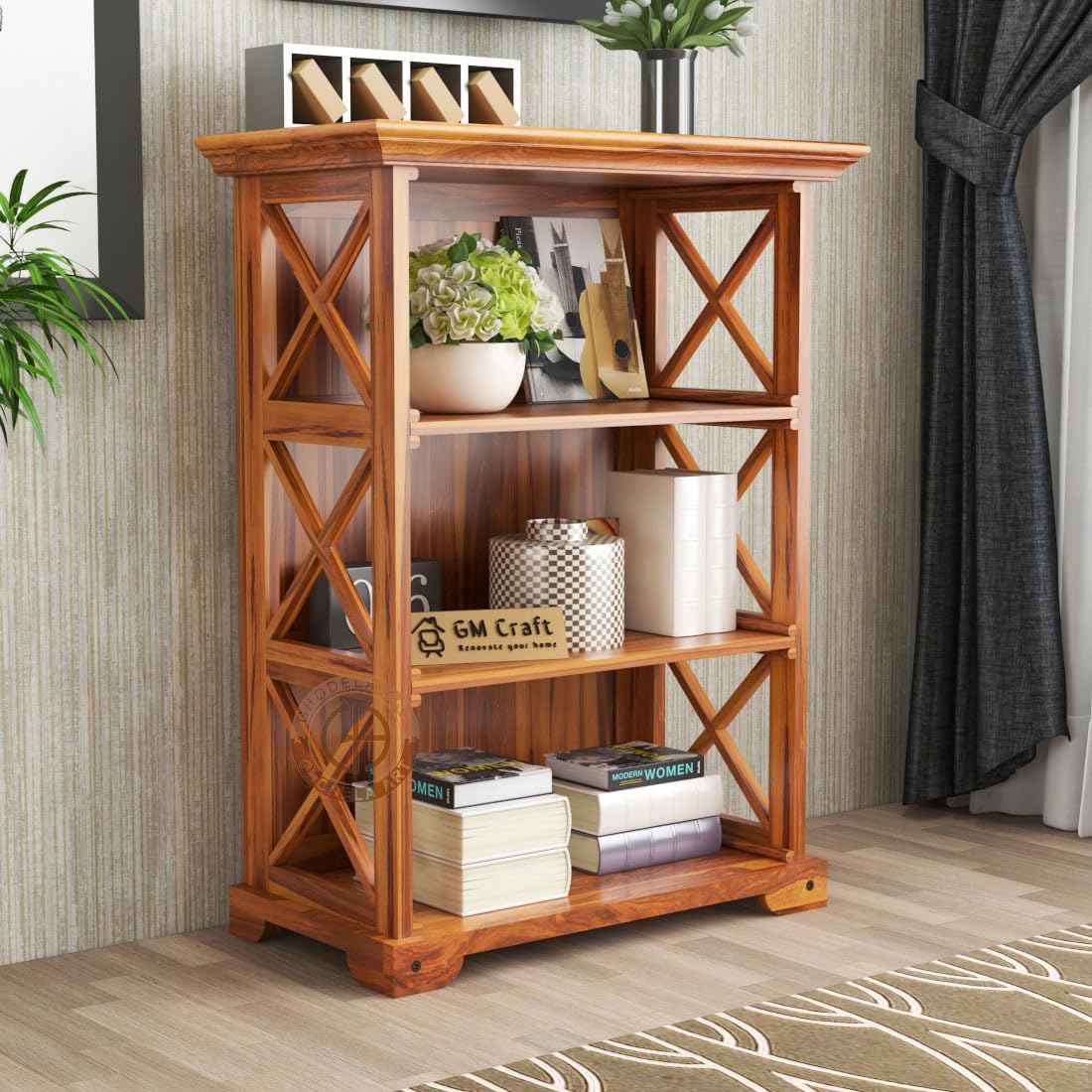 GHODELA ART Sheesham Wood Bookself with 3 Shelf Storage Wooden Bookcase Open Display Rack Home Décor for Office Living Room (Natural Finish)-image-15
