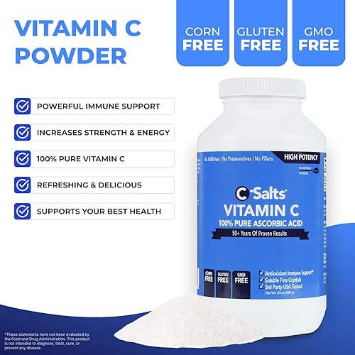 Miniatura 5 de C-Salts Polvo de ácido ascórbico de 1000 mg  Suplemento puro de vitamina C para apoyo inmunológico y defensa antioxidante  100% puro sin aditivos,