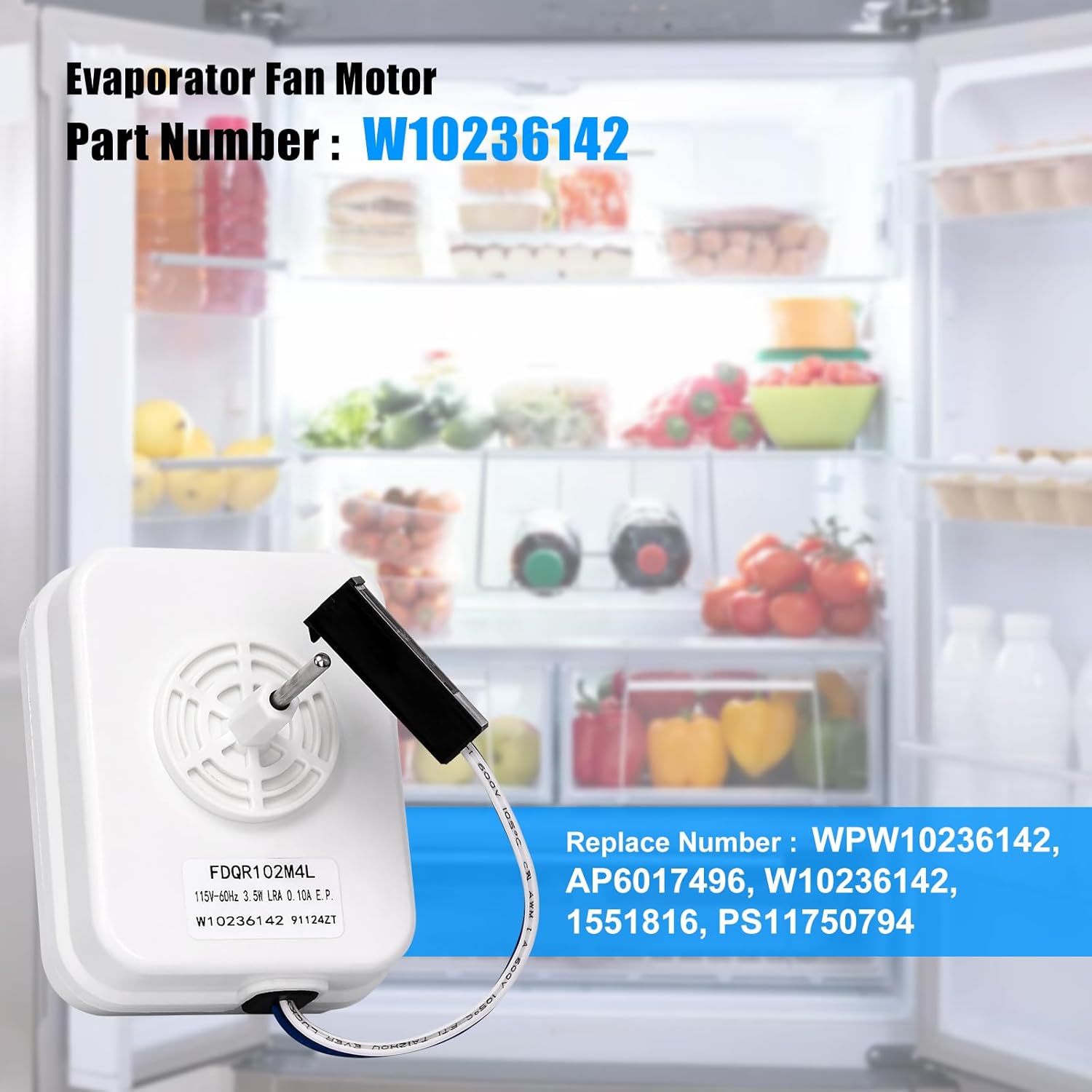 W10236142 Motor Evap Fits for Whirlpool Refrigerator – WPW10236142 Fan Motor Compatible with Maytag Amana Select Models, Replaces 1551816 AH2372370 EA2372370 PS2372370
