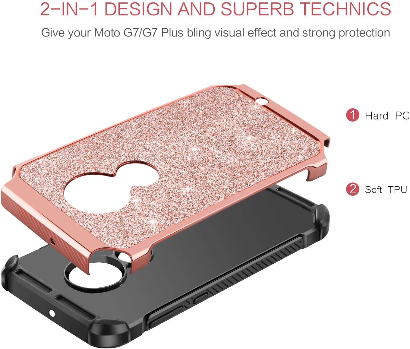 BENTOBEN Moto G7 Case, Moto G7 Plus Case, Glitter Bling Sparkle Shockproof Slim 2 in 1 Hard PC Soft Bumper Dual Layer Protective Phone Cases Cover for Motorola Moto G7/Moto G7 Plus (2019), Rose Gold