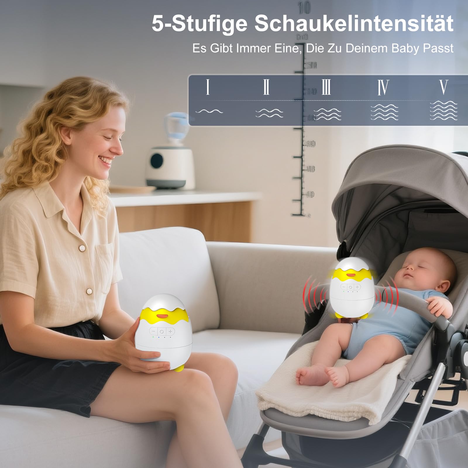 Robofun Kinderwagenschaukler - Das Original Schlafhilfe für Babys, 5 Einstellbare Schaukelintensitäten, USB-C Aufladbar, Tragbare Schaukelfunktion für Den Kinderwagen Beweger Elektrisch, Weiß