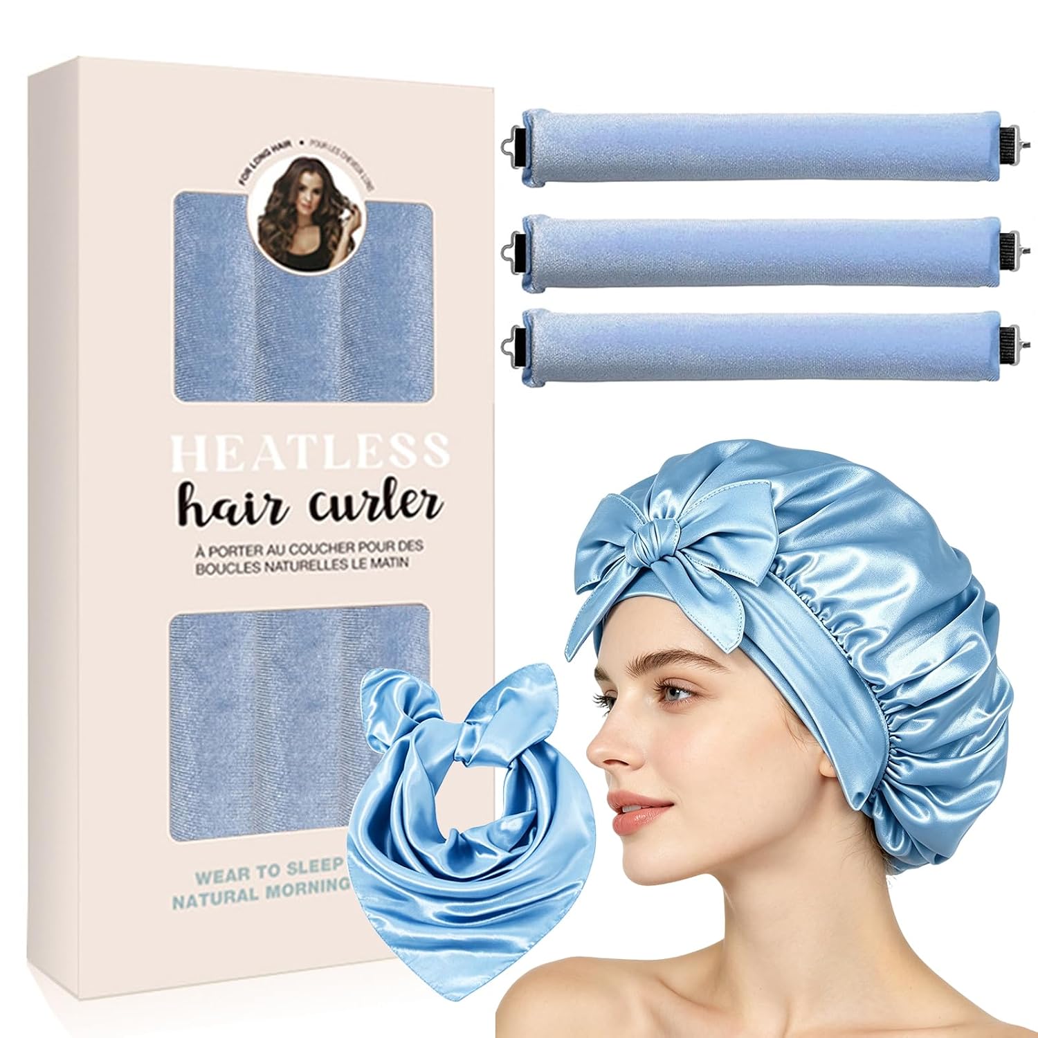 Heatless Curls Overnight Hair Curlers - No-Heat Curling Rod to Sleep In and Shower Cap,Velvet Hair Rollers with Satin Wrap (set of 5) (brown)