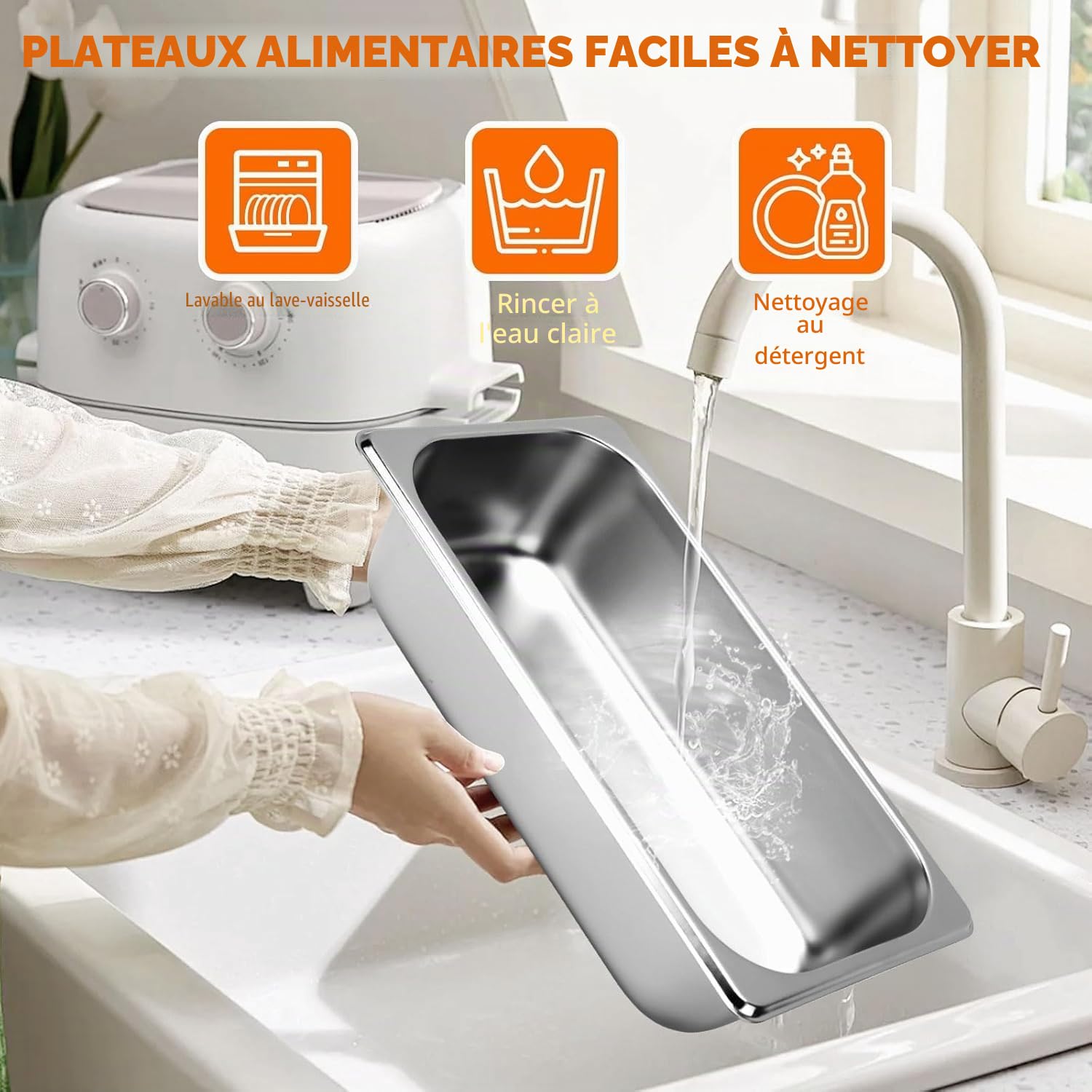 Lot de 3 Plat Inox avec Couvercle, GN 1/2 Bac avec Couvercle, 32,5 x 26,5 x 6,5 cm Bac Alimentaire Inox pour des Fours à Convection, des Chafing Dishes, des Réfrigérateurs