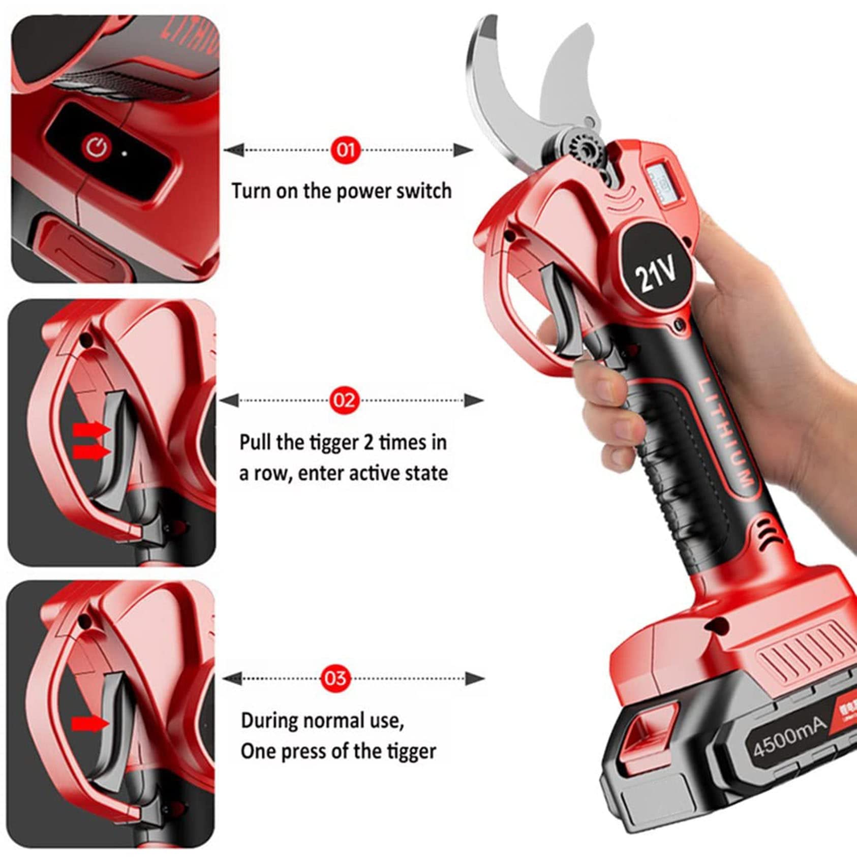 Podadora Eléctrica, Tijeras De Podar para Huertos Al Aire Libre, Cortadora De Ramas Recargable con Batería Recargable Y Poste De Extensión De Alto Alcance,Red-1battery