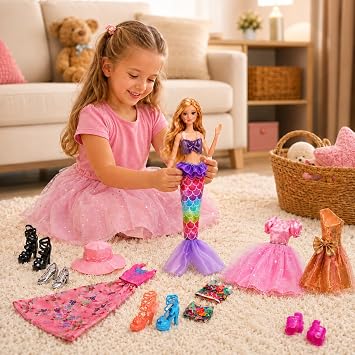 Doll Clothes & Accessories Set, 6 Pink Dresses + Sun Hat + Bracelets + 6 Pairs of Shoes, Fits 11.5 Inch Fashion Dolls(No Dolls)
