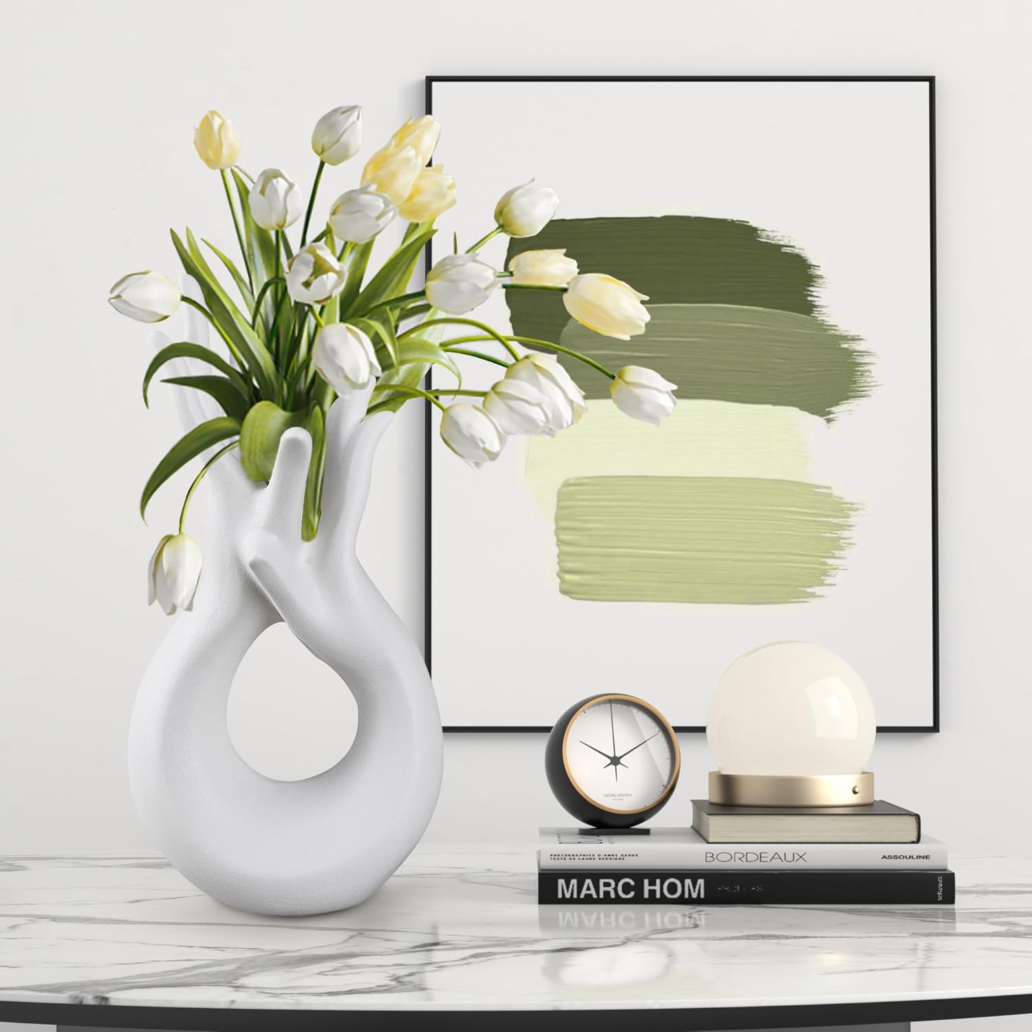 VECELO Minimalist White Ceramic Vase, Modern Hand Shaped Flower Vase for Entryway, Shelf, Mantels, Dining Table