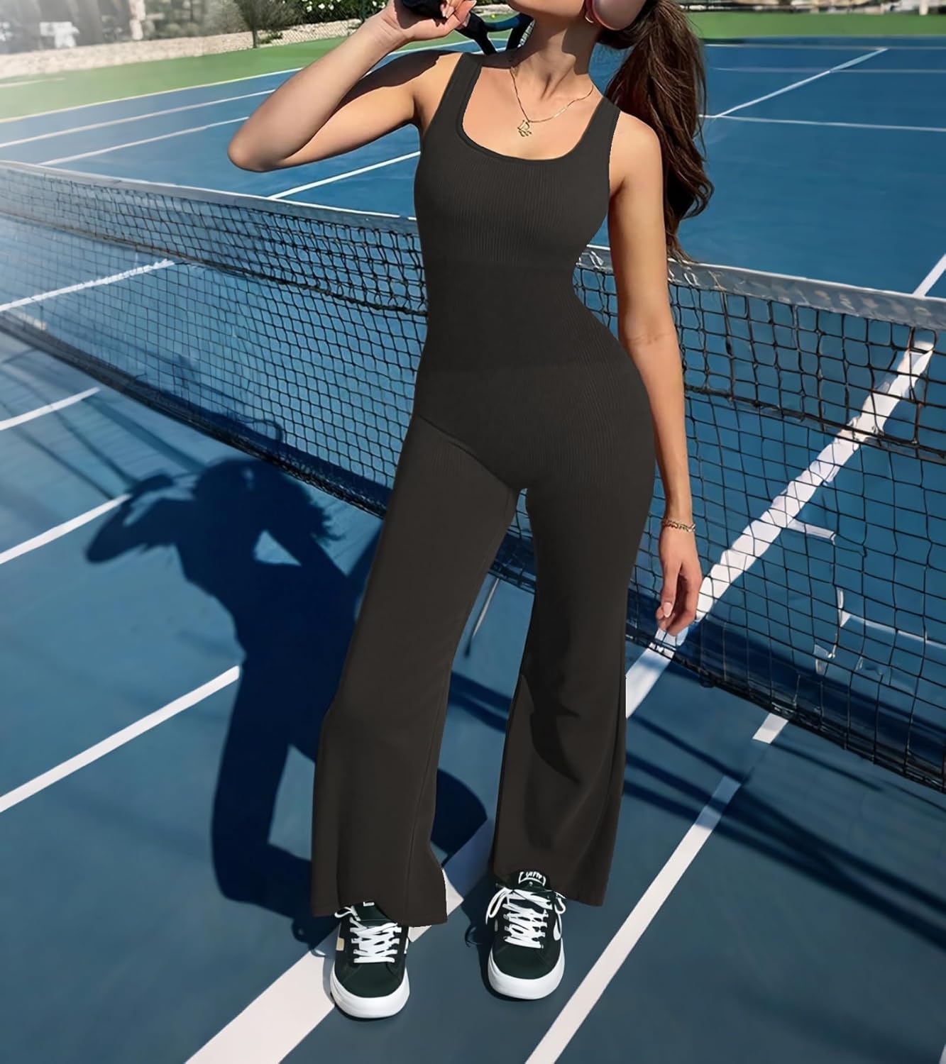 Jumpsuits for Women One Piece Workout Tummy Control Square Neck Sleeveless Flare Backless Outfits - Image 3