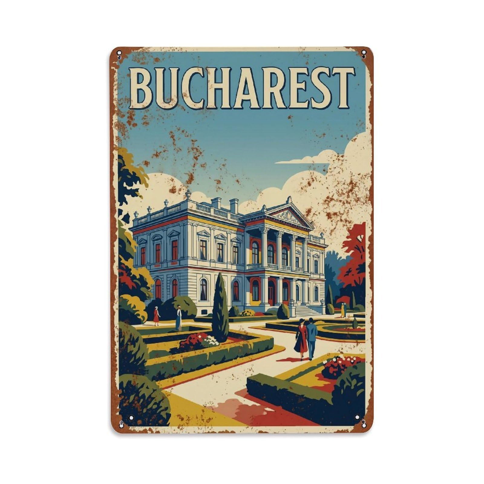 Vintage Travel Bucharest Stirbei Palace Historic Romania Metal Tin Sign Plaque Wall Decor for Cafe, Club Bar, Office, Home Garden Metal Poster 8x12Inch