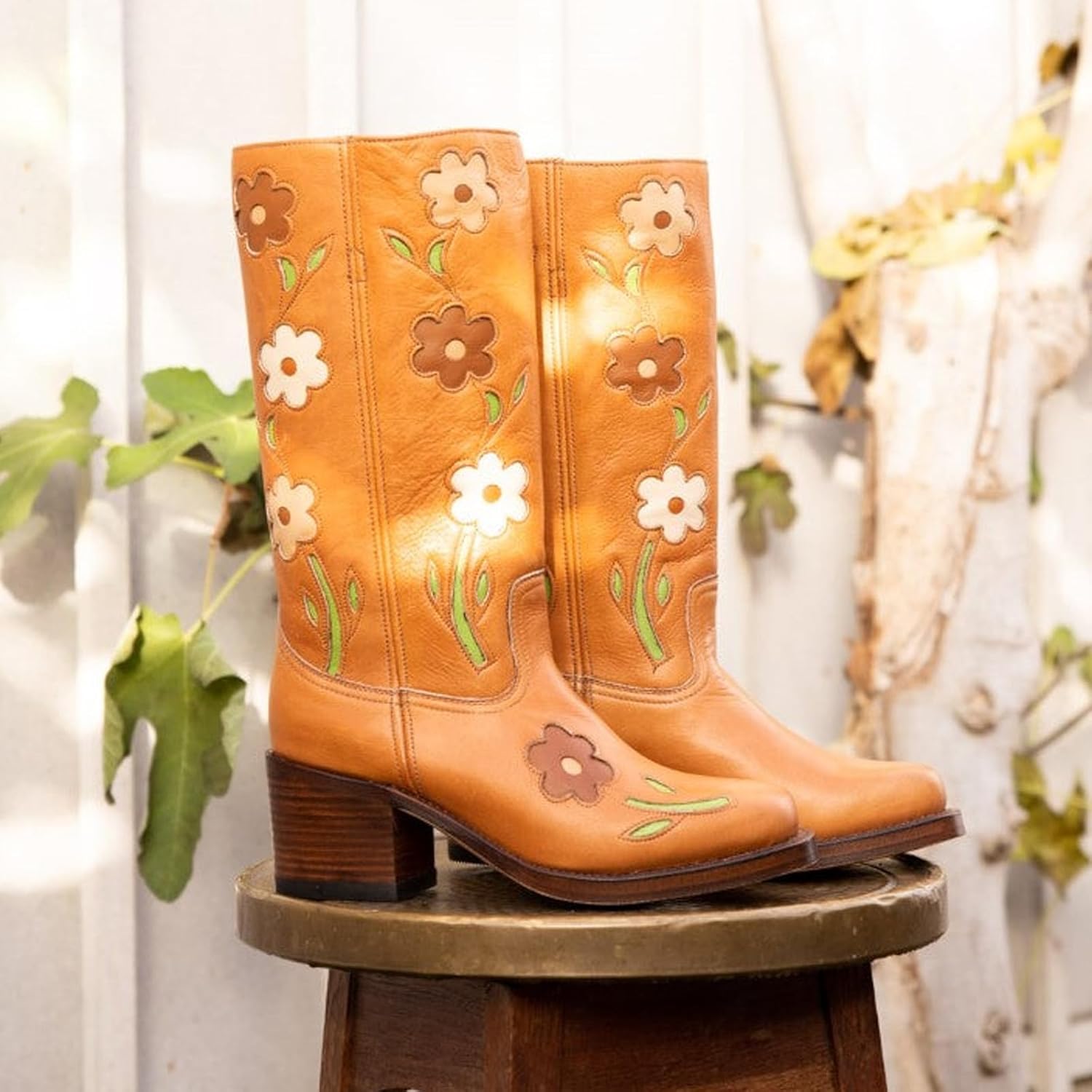 Women's Knee High Boots Square Toe Chunky Block Heel Tall Boots for Women Comfortable Casual Low Heel Trendy Stylish Flower Booties
