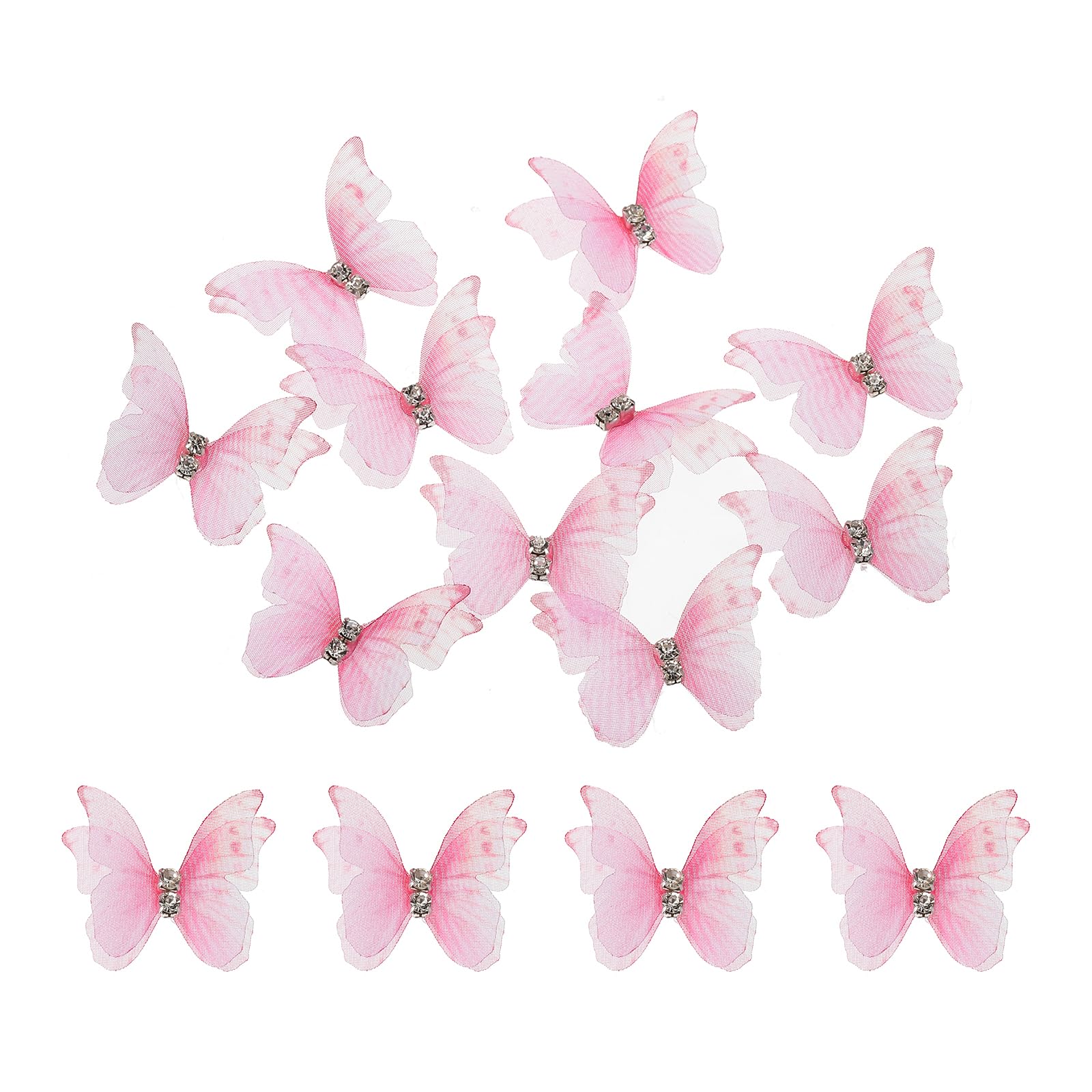 sourcing map 30Pcs Sheer Mesh Butterfly Appliques, 30mm Two Layers Butterflies with Gem Applique Patch DIY 3D Craft Ornament for Wedding Party Home Decor Clothes, Dark Pink