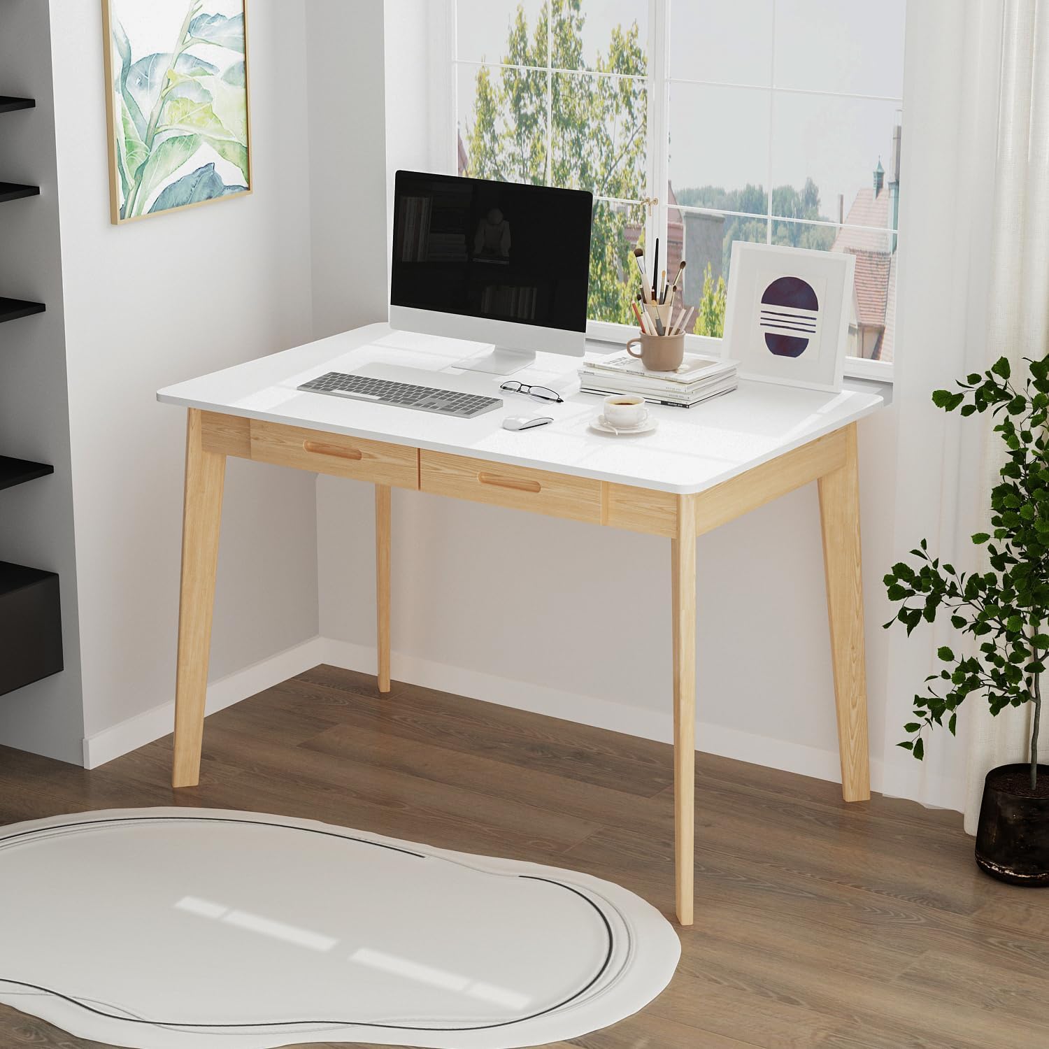 FUFU&GAGA 39” Office Desk, Rectangular Computer Desk with 2 Drawers, Writing Table for Reading Crafting, Home Office Study Room, White and Oak, 39.4”W x 21.7”D x 29.5”H