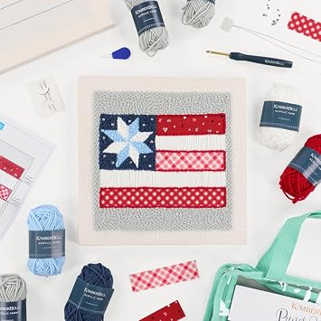 Kimberbell Stars & Stripes Forever Punch Needle Kit Complete Patriotic Craft Set with Tool, Yarn, Hoop, Monks Cloth, Appliques & Rhinestones DIY Punch Needle Plus Kit with Video Tutorials
