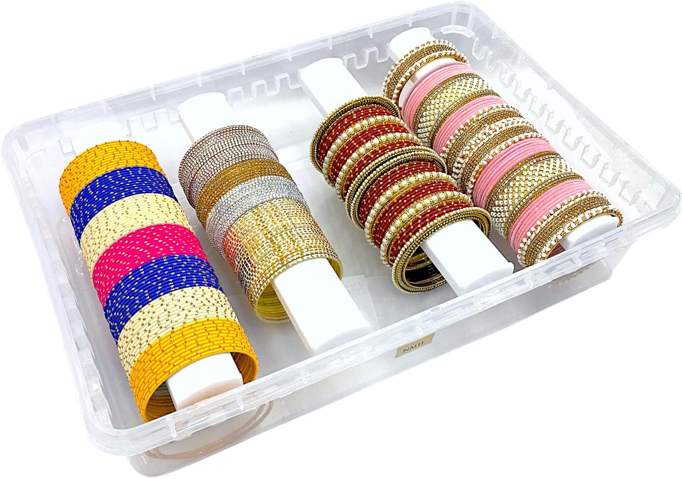 NMII Multipurpose Plastic Storage Box with Adjustable Rods l Storing Box For Bangles, Chuda, Kada, Watches, Scrunchies I (Transparent)