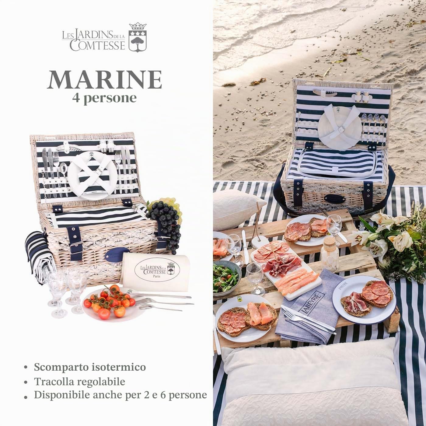 Les Jardins de la Comtesse - Cestino da picnic "Marine" per 4 persone, completo con scompartimento isotermico - Dimensioni: 45x31x24cm