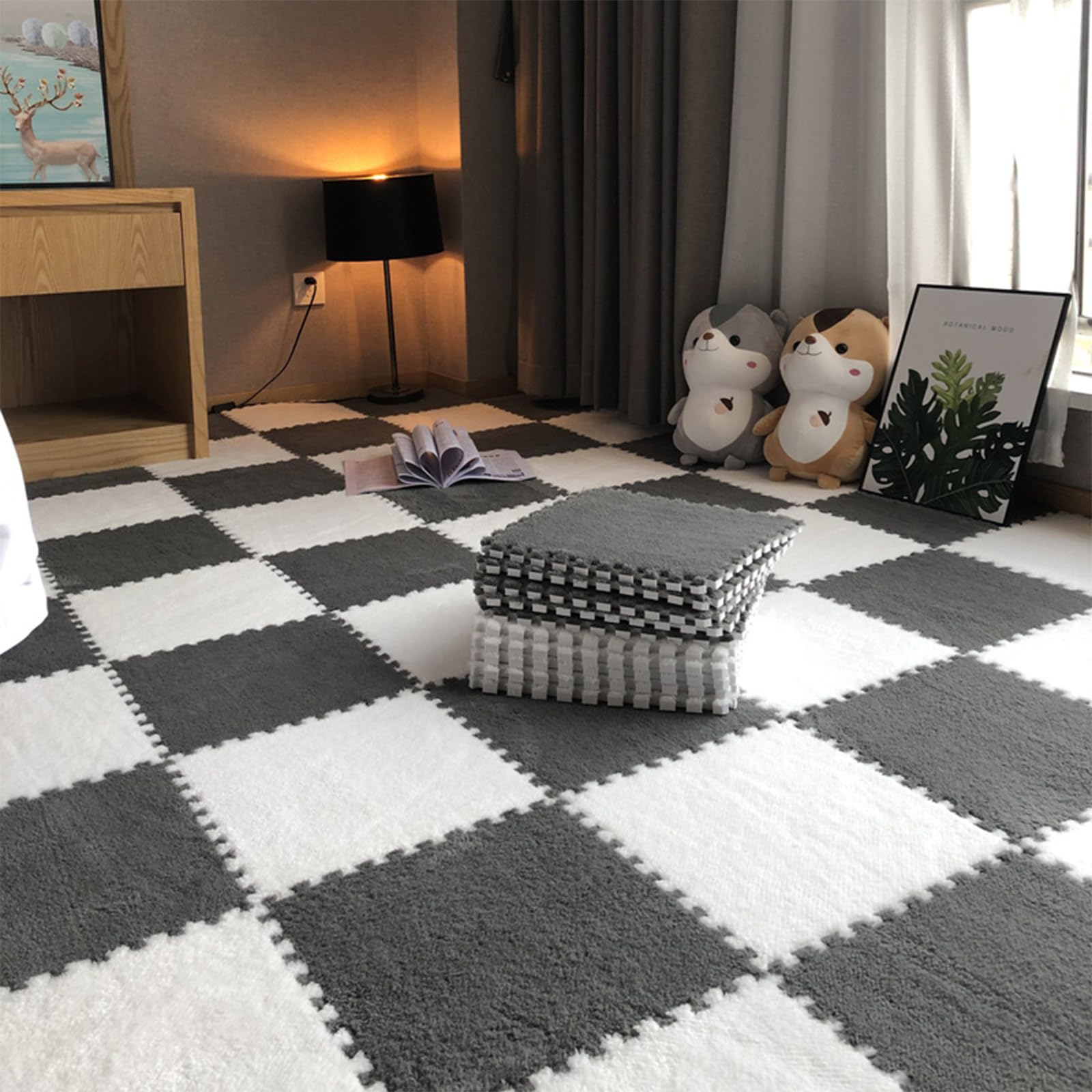 Plush Foam Floor Mats, 30 * 30cm Fluffy Interlocking Carpet Tiles, Square Foam Tiles Area Rugs Carpet, Play Mat Floor Tiles Soft Climbing Area Rugs for Home Playroom Decor (Grey&White, 30PCS)