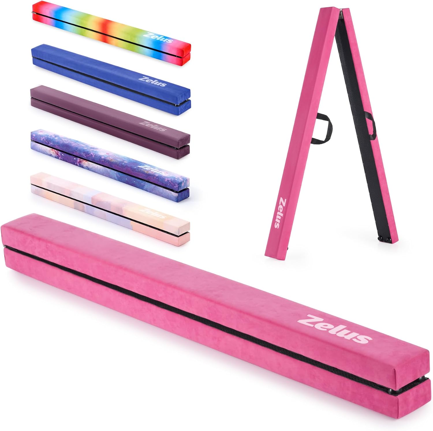 ZELUS 8' Folding Gymnastics Balance Beam, Floor Balance Beam w/Carry Handles Anti-Slip Base for Kids, Beginners & Professional Gymnasts 8 ft Pink