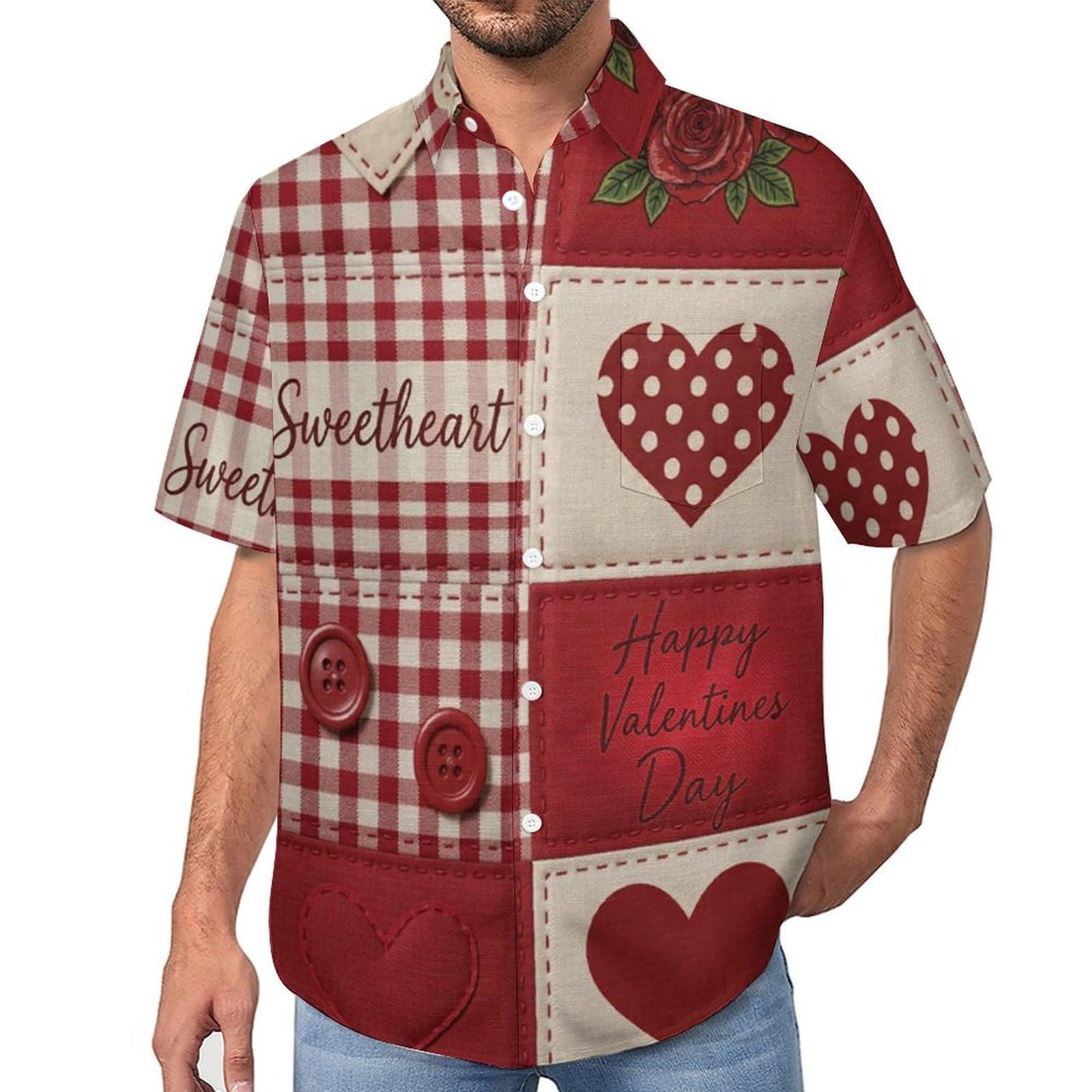 Camicie da Uomo a Maniche Corte con Stampa della Cuore A Scacchi Patchwork retrò, Casual Leggere Bottoni Camicia con Tasca Frontale, per Vacanze Spiaggia Estate