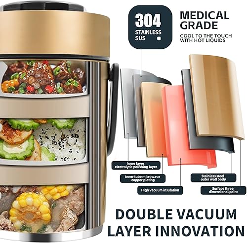 Miniatura 13 de Termo de 67 onzas para comida caliente, termo apilable de 3 capas sellado, con bolsa de almuerzo, termo de sopa, boca ancha, es adecuado