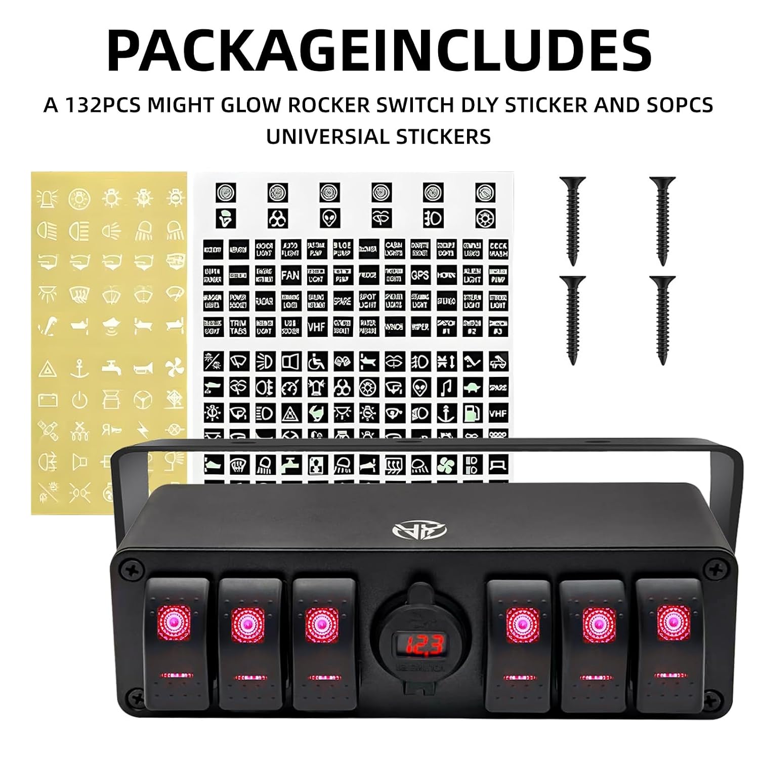 6 Gang Rocker Switch Box Aluminum 12v Switch Panel SPST ON Off Switch PD Type C and QC 3.0 USB Charger Voltmeter Waterproof Toggle Switch Panel DIY Stickers for Boats Cars RVs Trucks