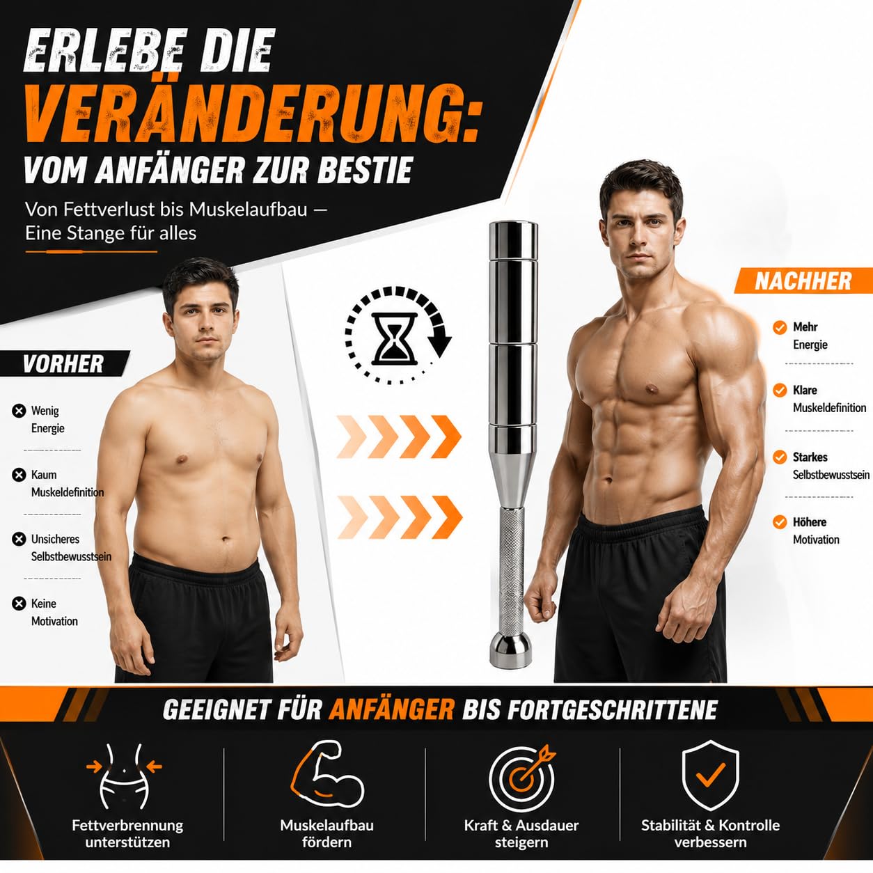 Verstellbare Macebell 3-10KG, Stahlkeule, kettlebell, Clubbell, Indian Club | 8-in-1 Keule aus Vollstahl, für Krafttraining, Functional Fitness, Griffkraft, Schultertraining, Core- und Ganzkörpertraining