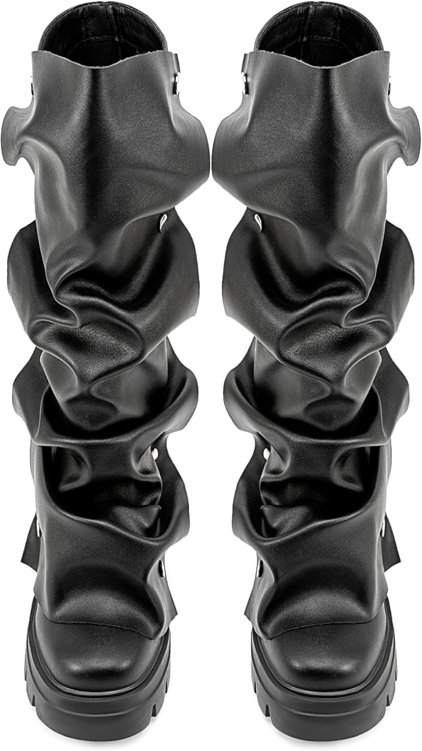 Atuelang Women's Slouchy Fold Over Platform Boots Mid Calf Pull On Fashion Snap Button Boots - Image 5