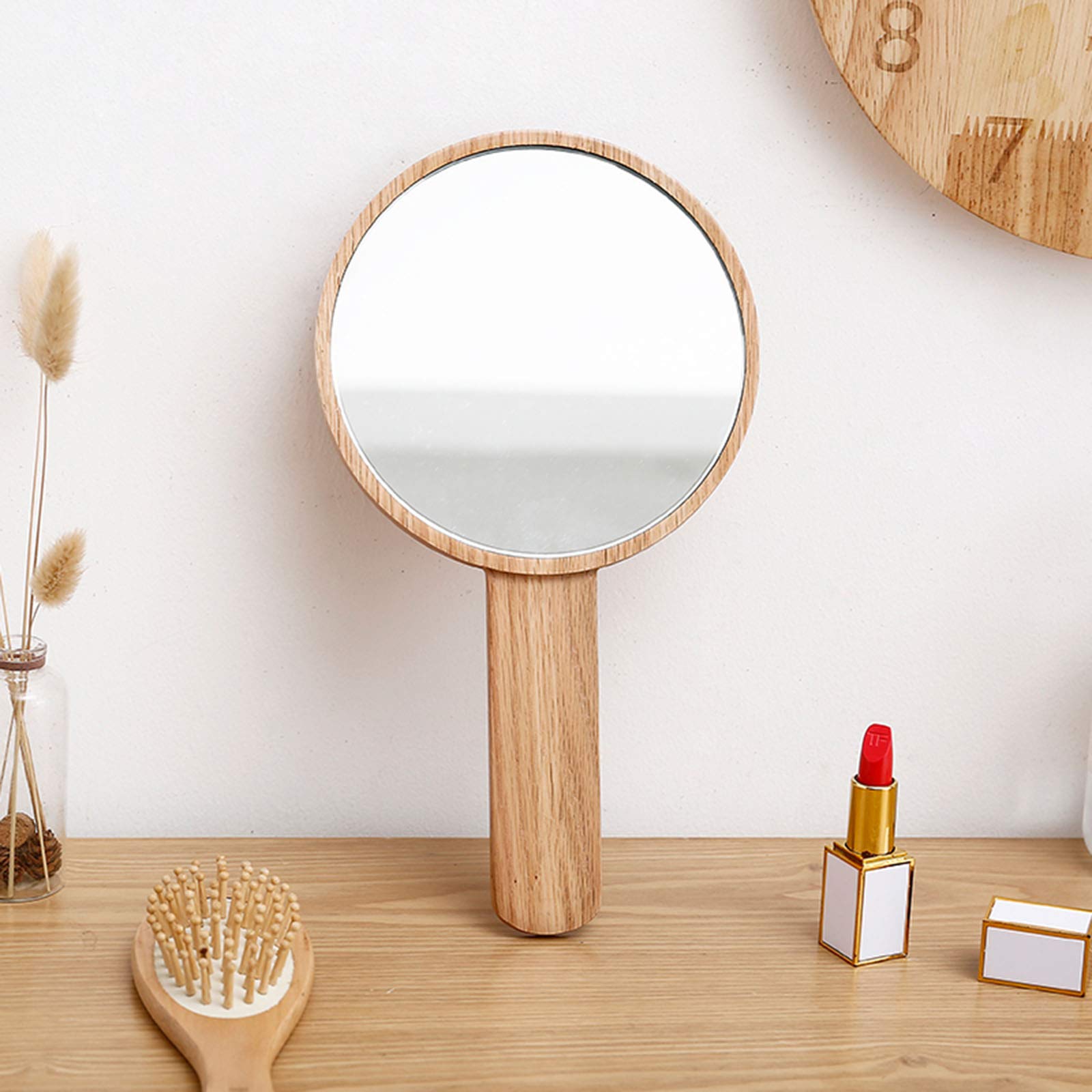 TOF&HAMYTeepro Handheld Mirror with Handle, Hand Held HD Mirror Wooden Frame, Salon Hairdresser Plain Mirror Retro Style, Cosmetic Salon Makeup Hand Mirror for Professional Barbers,B