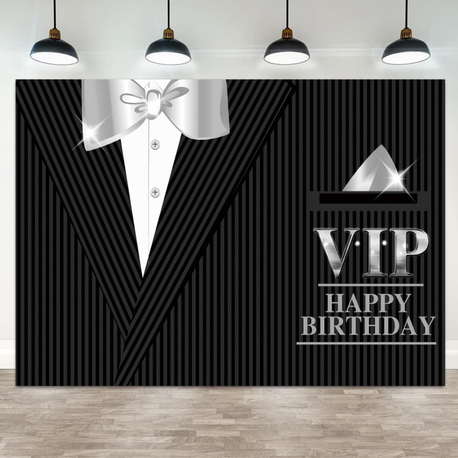 ASDCXZ 7x5ft Happy Birthday Backdrop VIP Photography Background Gentleman Black Tuxedo Suits White Shirts Silver Bow Tie Men Birthdays Party Banner