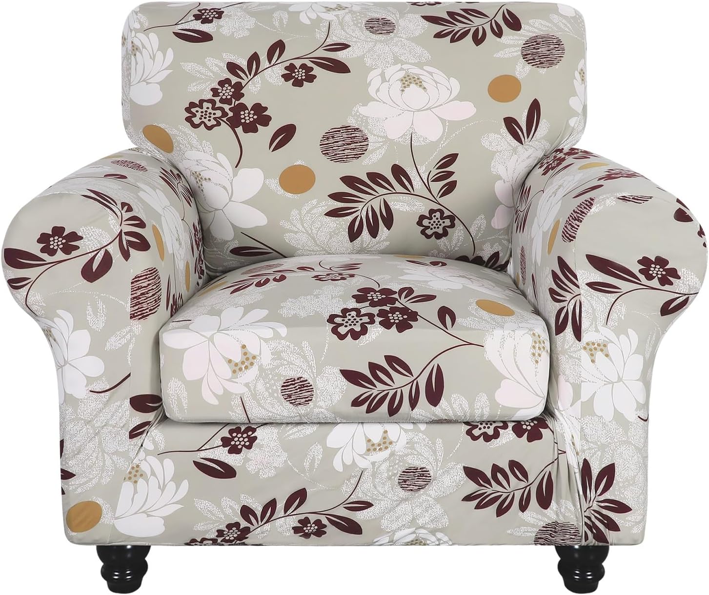 SearchI Stretch Sofa Cover Printed Couch Covers, Floral Pattern 2 Piece Armchair Slipcover with Separate Chair Cushion Cover, Washable Furniture Protector for Living Room(Armchair, Brown Flowers) Brown Flower Small