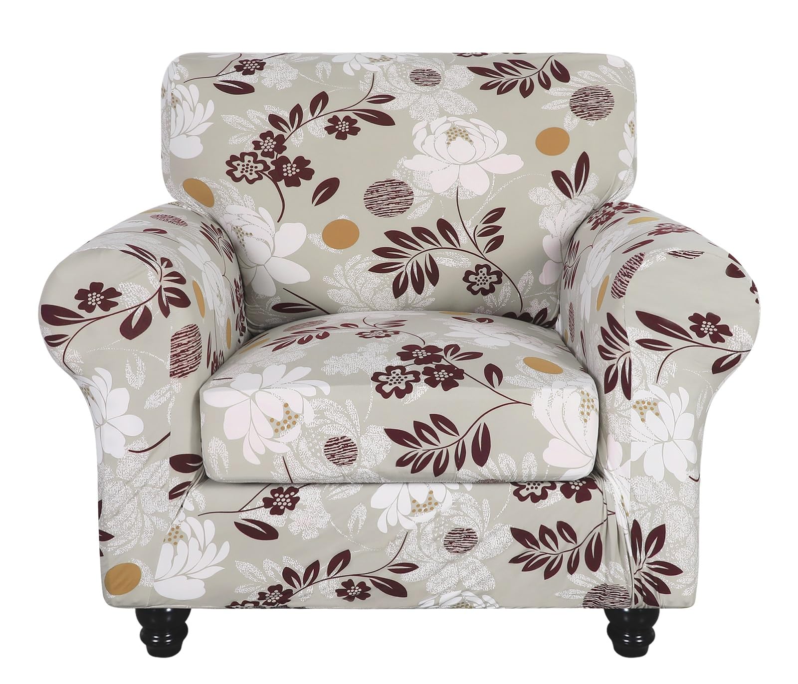 SearchI Stretch Sofa Cover Printed Couch Covers, Floral Pattern 2 Piece Armchair Slipcover with Separate Chair Cushion Cover, Washable Furniture Protector for Living Room(Armchair, Brown Flowers) — image 1