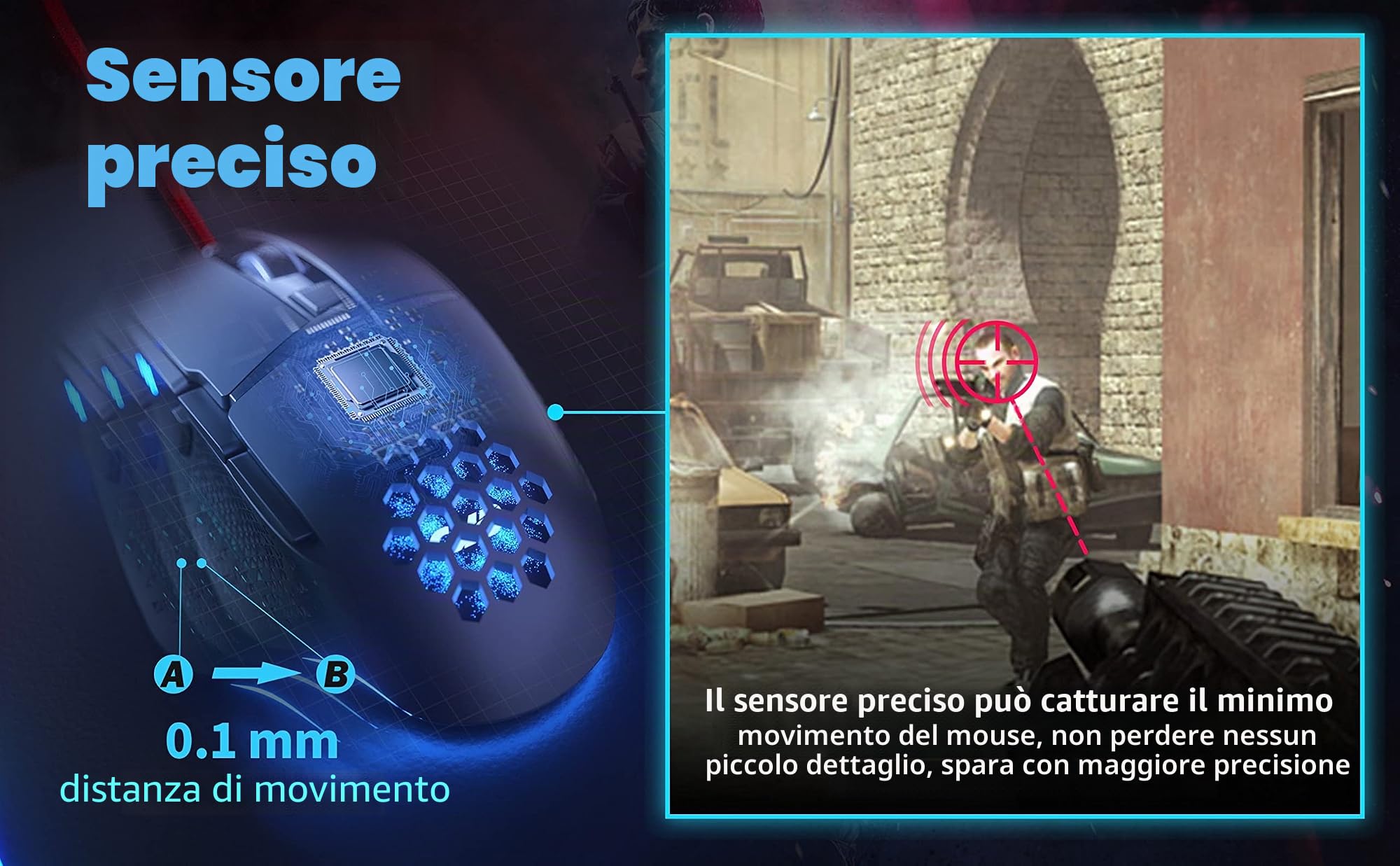 CYD Mouse da gioco RGB C303, mouse cablato USB 3.0, design ergonomico, programmabile, monitoraggio e sparatoria a scatto RGB