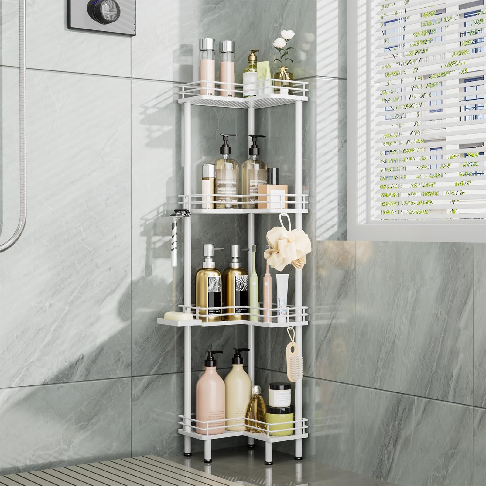 Photo 1 of MISSING PIECES*******Consumest Corner Shower Caddy Standing - 4-Tier Stainless Steel Shower Organizer with Soap Holder and 4 Hooks, Large Capacity Corner Shelf Stand for Bathroom, Rest Room, White