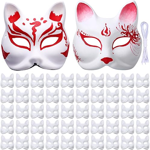 Libima 50 máscaras de papel maché para bricolaje, máscara en blanco de gato y zorro con banda elástica, animal blanco pintable para fiestas de