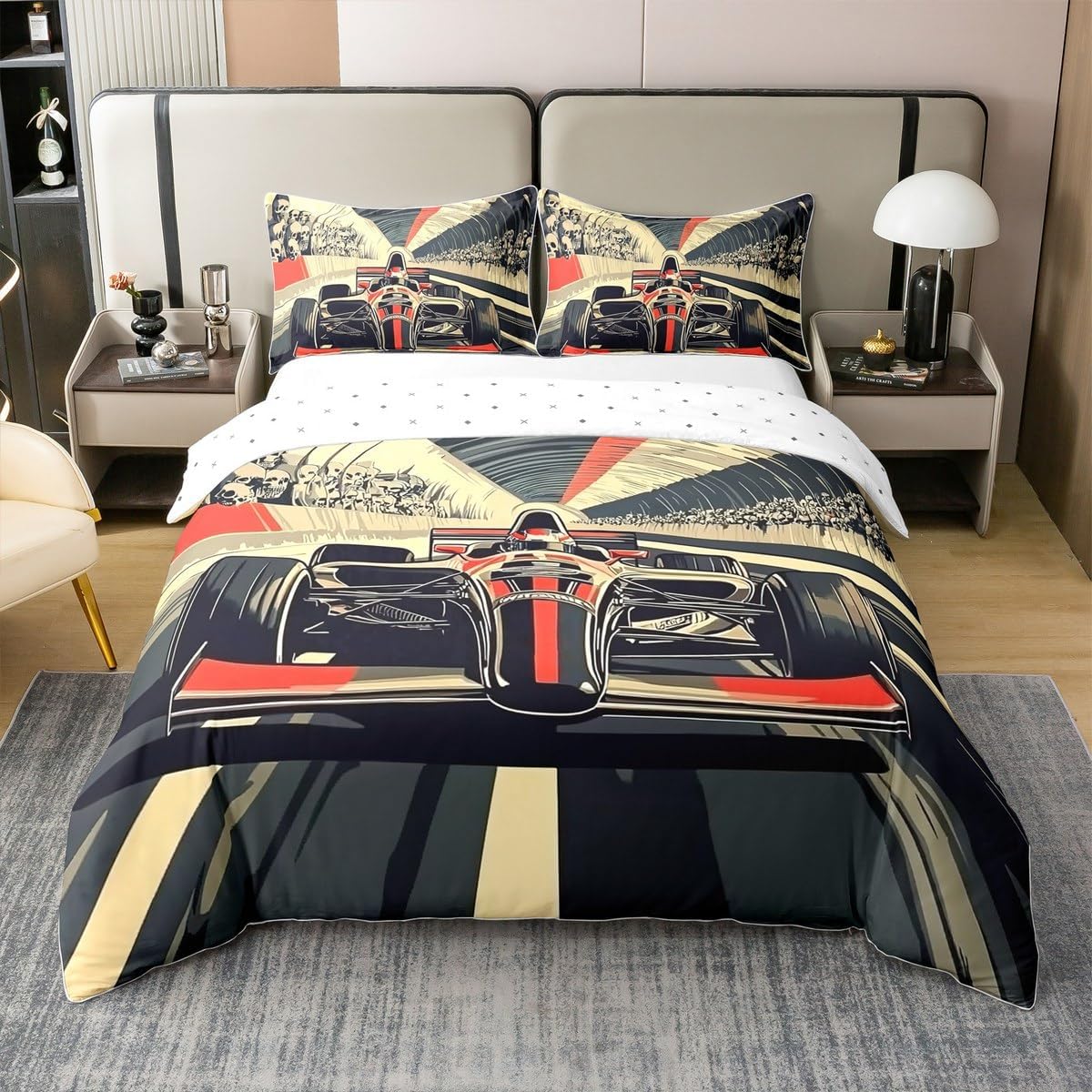 Erosebridal Vintage Racing Car 100% Cotton Duvet Cover Twinmula Car Bedding Set Teens Boys Extreme Speed Sport Comforter Cover Fast and Furious Games Retro Cartoon Vehicle Red Yellow Bedclothes