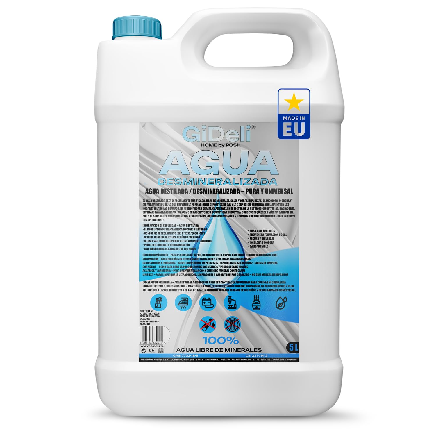 GiDeli Agua desmineralizada 5L agua destilada para planchas, baterías, radiadores, humidificadores, acuarios y laboratorios agua sin cal, inodoro, transparente