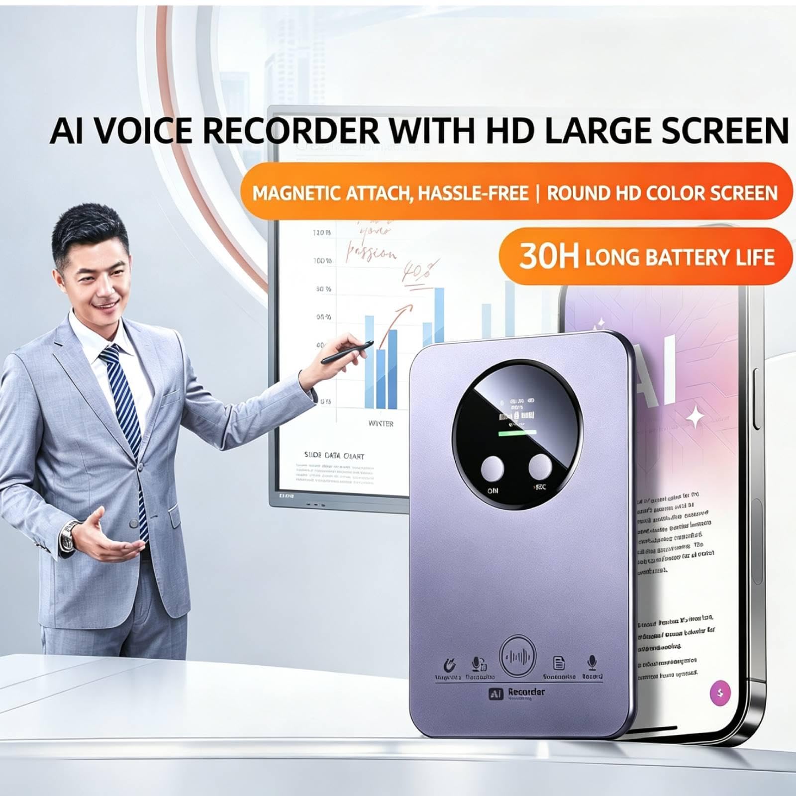 Magnétophone avec Intelligence Artificielle Transcription Vocale Automatique Enregistreur Vocal Numérique avec Stockage Interne 64go pour Réunions de, Bleu